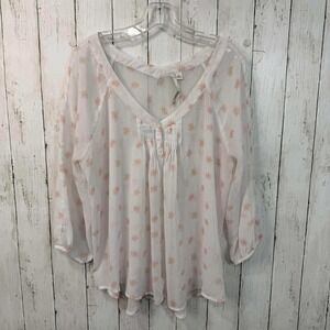 LC Lauren Conrad Women's Sheer Floral Blouse White Pink Peasant Top Size XL